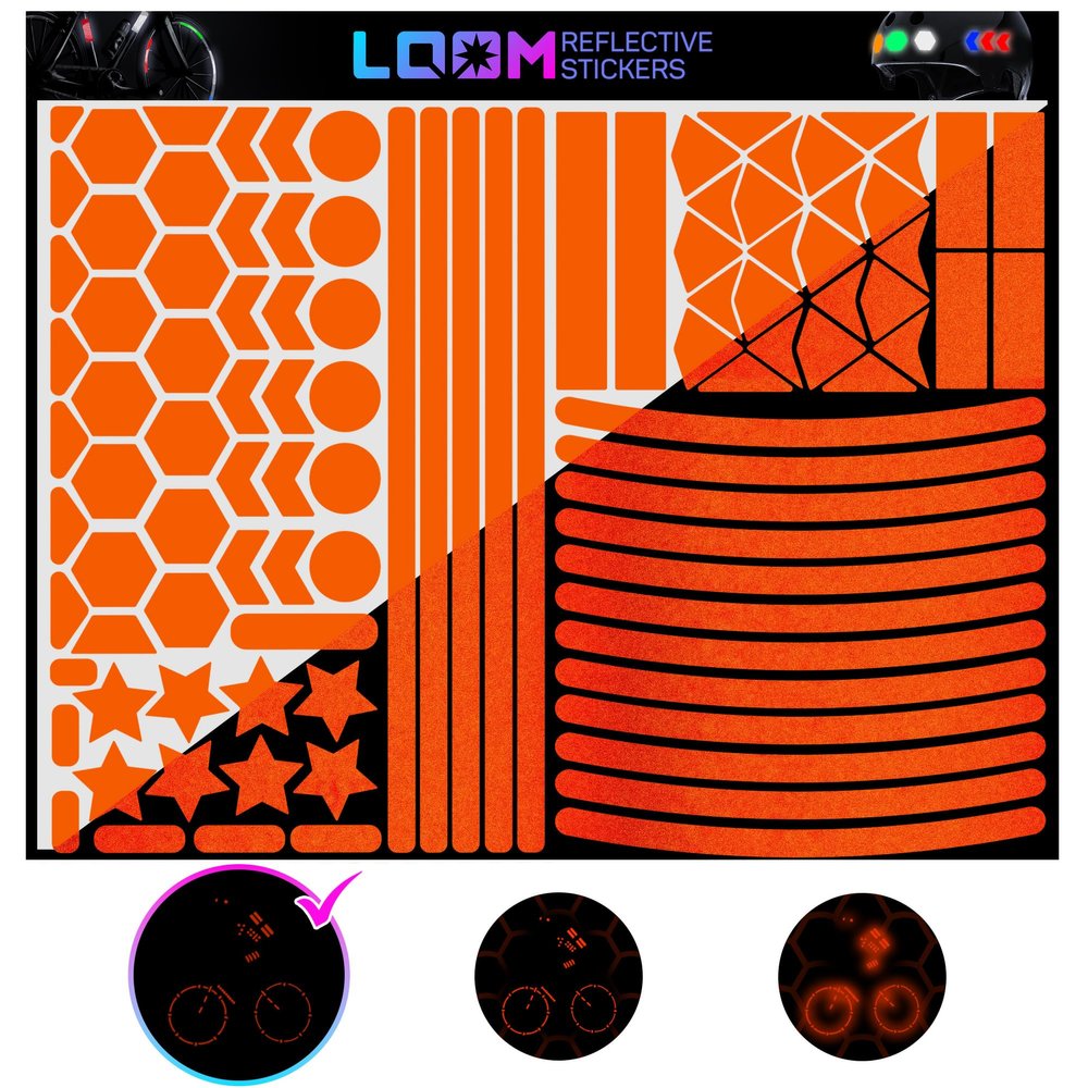 LOOM Reflective Stickers Mega Kit (101pcs Orange) Nighttime Safety Waterproof Self-Adhesive Decals for Helmets, Skateboard, Bike, Scooter, E-Bike, Motorcycle & Strollers  Bright Colors