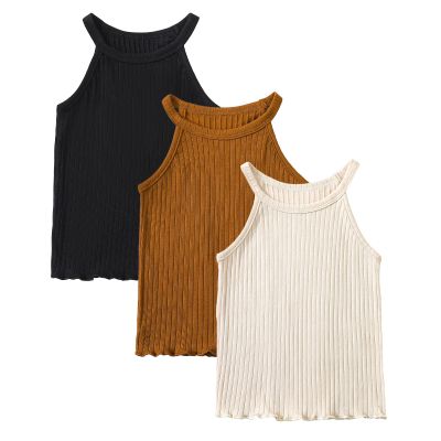ROMPERINBOX Toddler Tank Tops Girls 3 Pack Ribbed Knit Multipacks Halter Top Camisoles Undershirt 3-7 Years(Black/Beige/Brown,7Y)