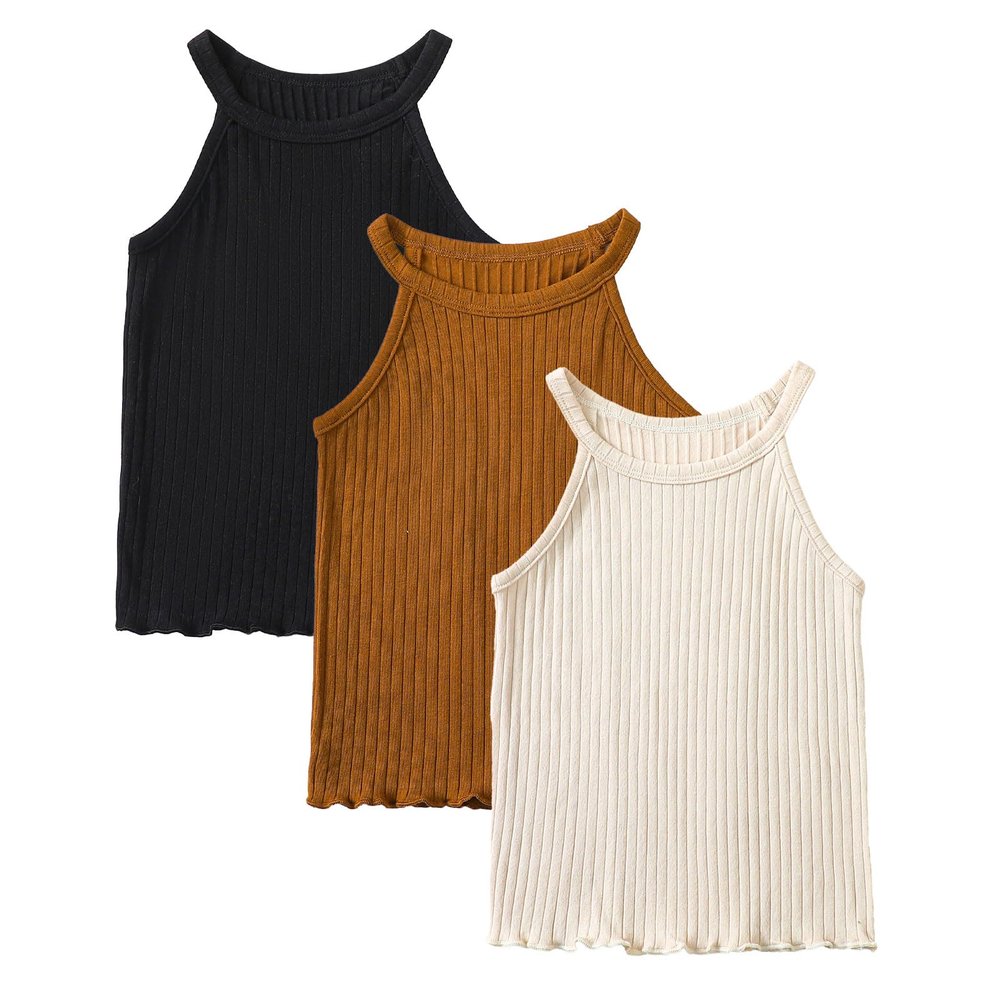 ROMPERINBOX Toddler Tank Tops Girls 3 Pack Ribbed Knit Multipacks Halter Top Camisoles Undershirt 3-7 Years(Black/Beige/Brown,7Y)