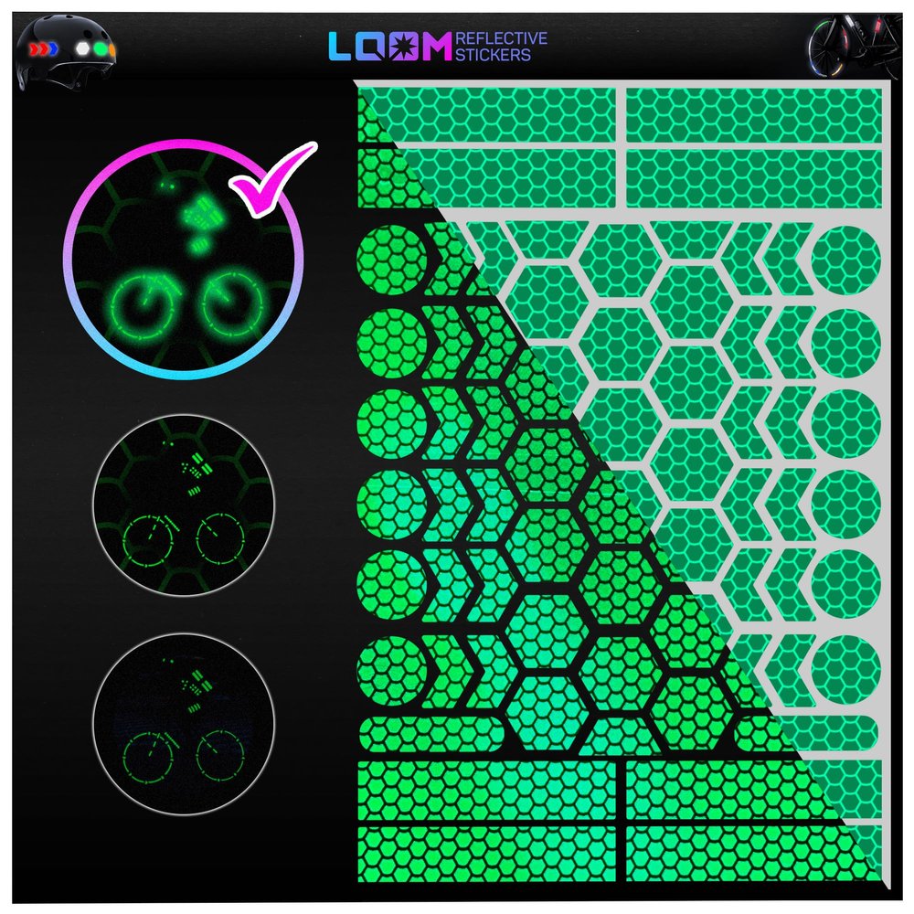 LOOM Reflective Stickers | 67pc Brilliant Grn | Reflective Stickers for Helmet, Bike, Motorcycle, Hard Hat | Waterproof Reflectors for Car, Trailer | Bike Reflectors for Night Riding