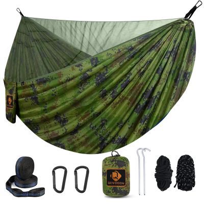 Camping Hammock, Portable Hammocks with Mosquito Net,Lightweight Nylon Parachute Hammock with 10ft Tree Straps,Camping Gear Must Haves for Travel,Hiking,Backpacking,Beach,Patio-Plaid Camouflage