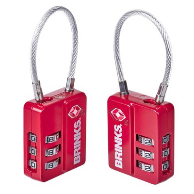 BRINKS  1-1/8 TSA Approved Luggage Travel Padlock  2 Pack- 3 Dial Resettable Combination Luggage and Suitcase Lock with Zinc Body and Flexible Cable Shackle (Assorted Colors)