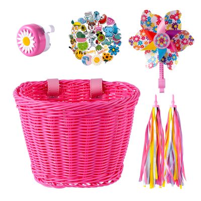Bike Basket Kids, Pink Girls Bike Basket Front Bike Accessories, Kids Bicycle Basket with Stickers, Bike Bell, Windmill, and 1 Pairs Colorful Ribbons Tassels (Pink Basket)