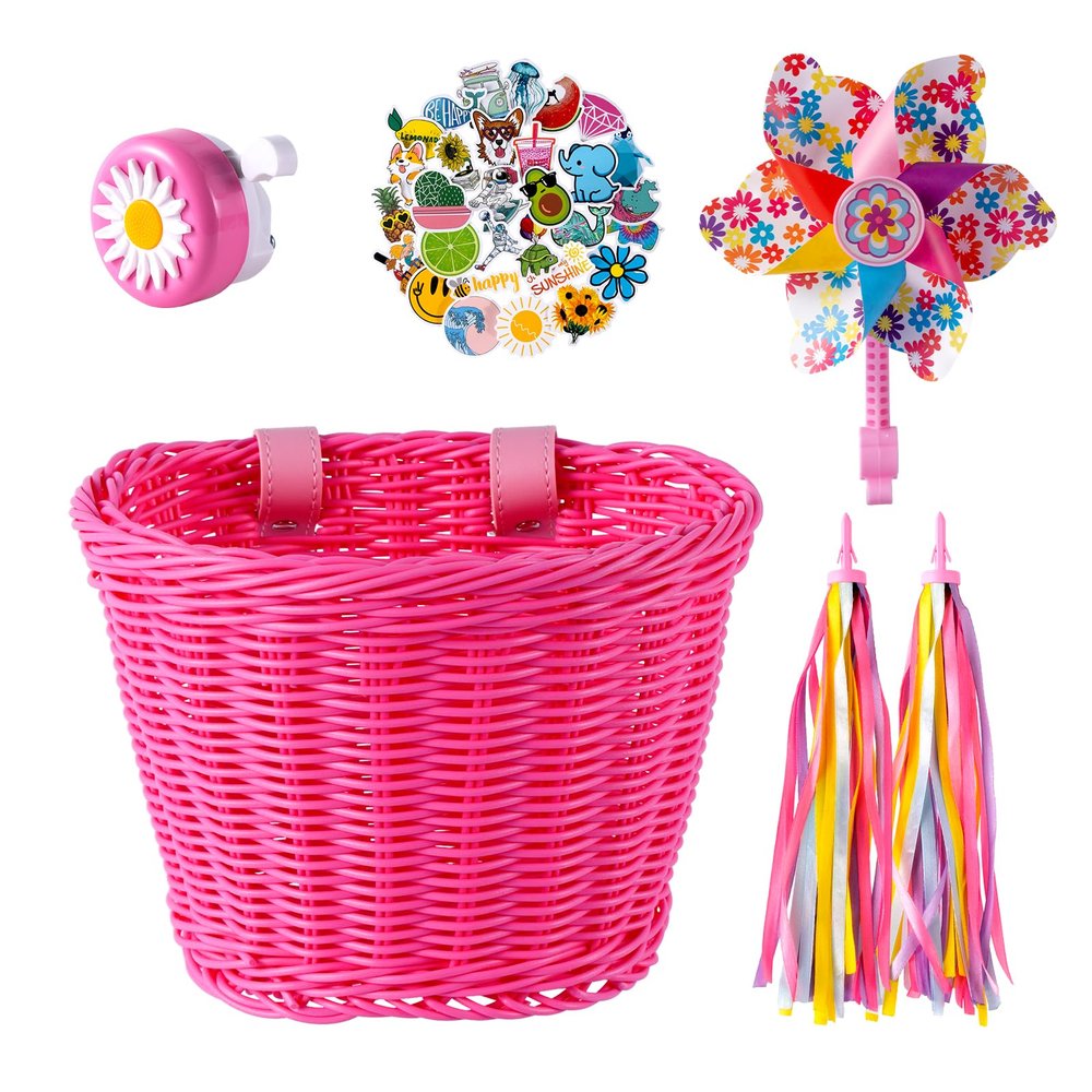 Bike Basket Kids, Pink Girls Bike Basket Front Bike Accessories, Kids Bicycle Basket with Stickers, Bike Bell, Windmill, and 1 Pairs Colorful Ribbons Tassels (Pink Basket)