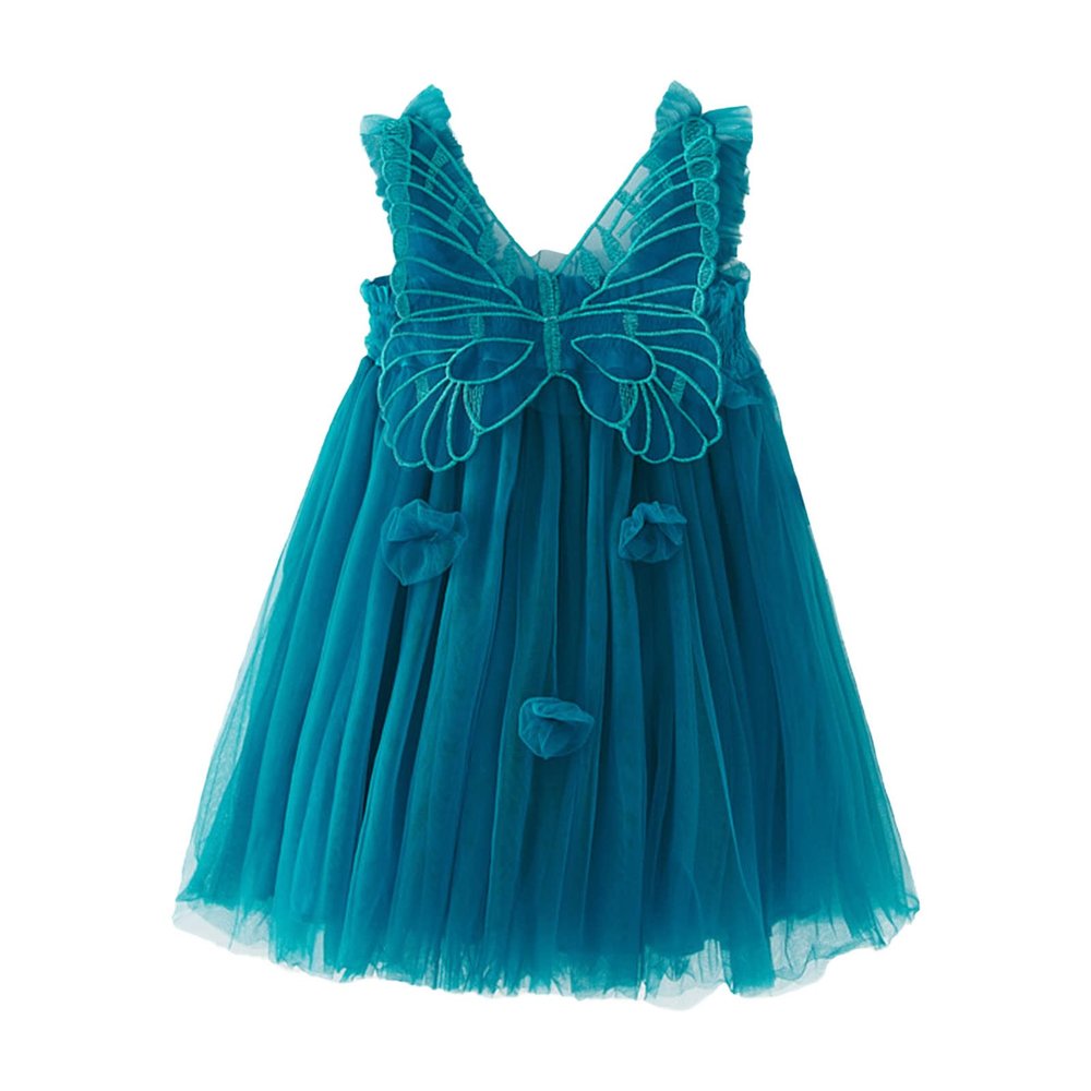 NineFit Basics Flower Girls Summer Dress Butterfly Lace Sleeveless Layered Tulle Tutu Dress Dance Princess Party (Blue, 3-4 Years)
