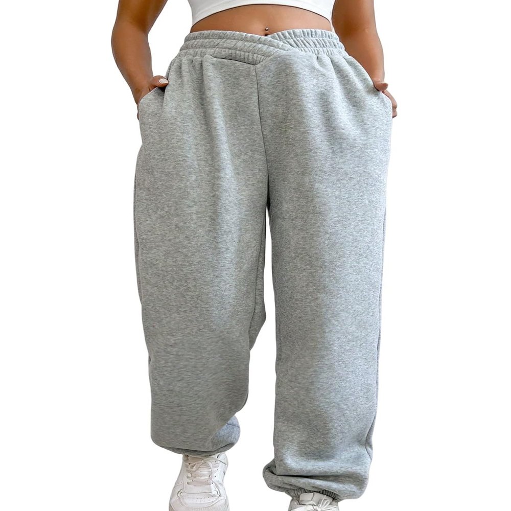 HOPYOP Women's Casual Joggers Pants V Crossover High Waisted Baggy Lounge Bottoms Pants Leggings (US, Alpha, Large, Regular, Regular, Gray)