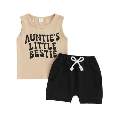 SAYOO Aunties Bestie Baby Short Outfit Infant Boy Auntie Letter Vest Top Solid Active Jogger Shorts 2Pcs Summer Clothes (Khaki, 18-24 Months)