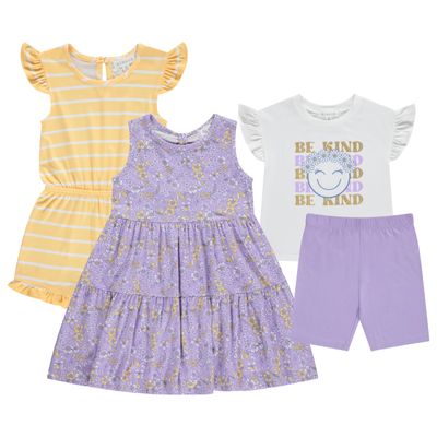 BTween Girls Mix and Match Set 4 Pack Soft Cotton Blend, Shirt. Biker Short, Dress and Romper, Laven, 14