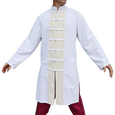 Svenine Chinese Collar Knee Length Kung Fu Jacket or Long Cotton Mandarin Shirt, Large, Muang White and Muang Cream