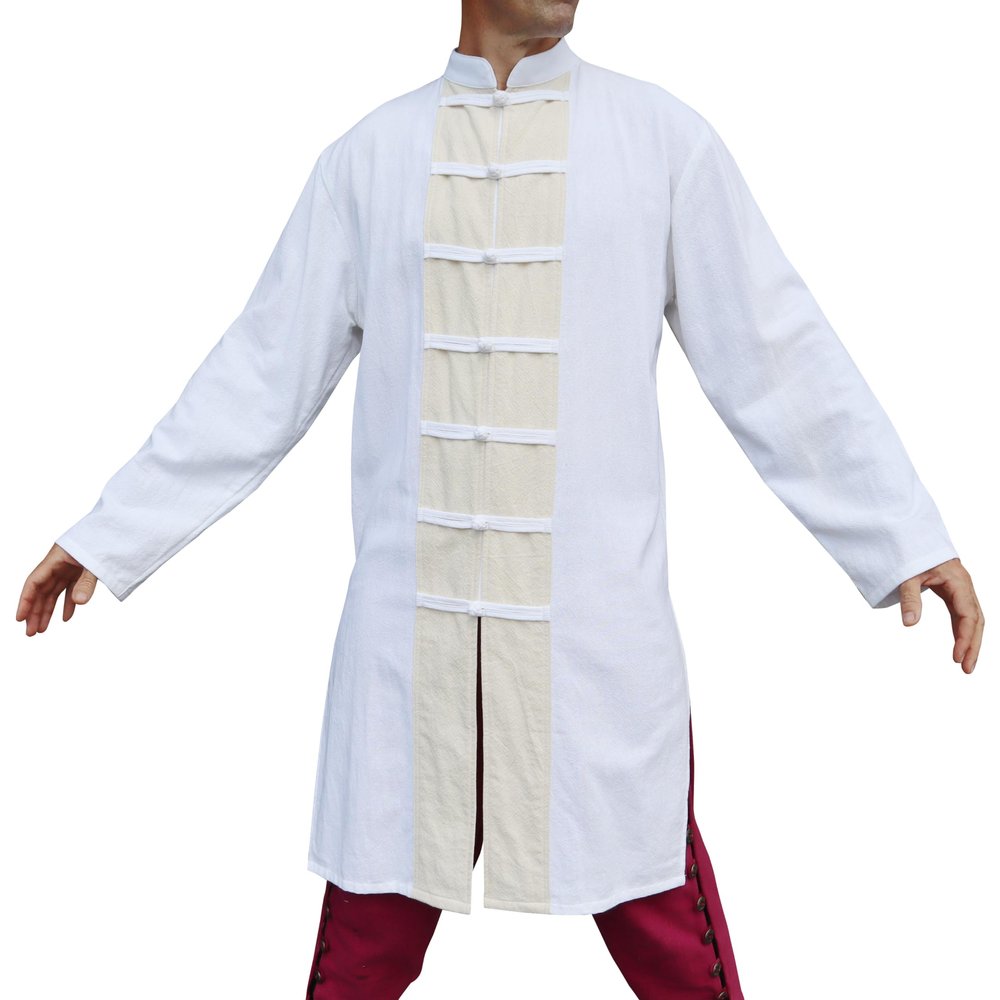 Svenine Chinese Collar Knee Length Kung Fu Jacket or Long Cotton Mandarin Shirt, Large, Muang White and Muang Cream