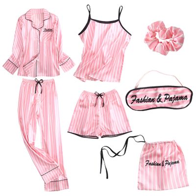 ANUFER Womens 7PCS Satin Pajama Set Spring Summer Autumn Tops & Pants Shorts Sleepwear Pink Stripes SN07655 XXL
