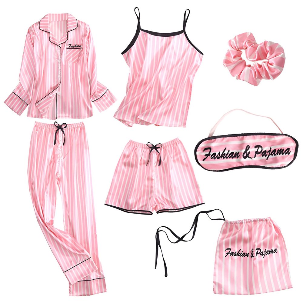 ANUFER Womens 7PCS Satin Pajama Set Spring Summer Autumn Tops & Pants Shorts Sleepwear Pink Stripes SN07655 XXL