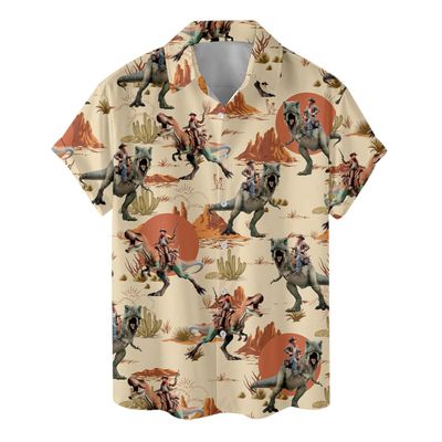 ACEPrints Cowboy Hawaiian Shirts for Men, Cowboy Riding dinosanur Hawaiian Shirt, Dinosaur Hawaiian Shirt