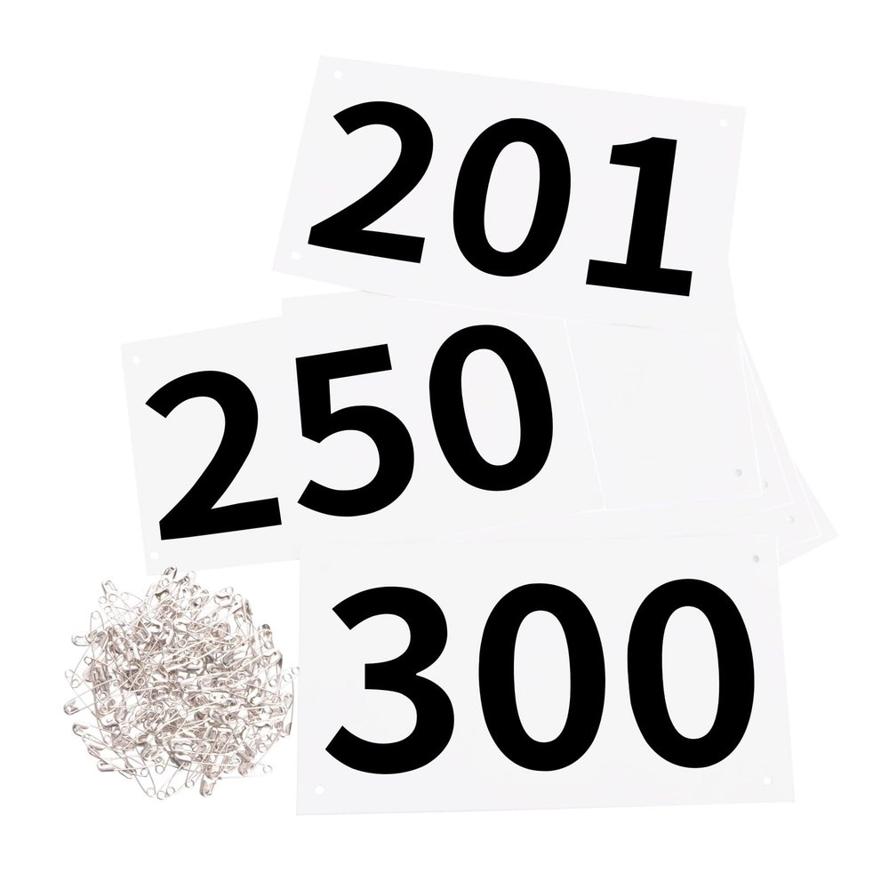 Azarxis Race Competitor Numbers Running Bibs with Safety Pins Tyvek Tearproof for Outdoor Sports Marathon Trail Racing Jogging Race Event ([4"x7"] Numbers 201-300)