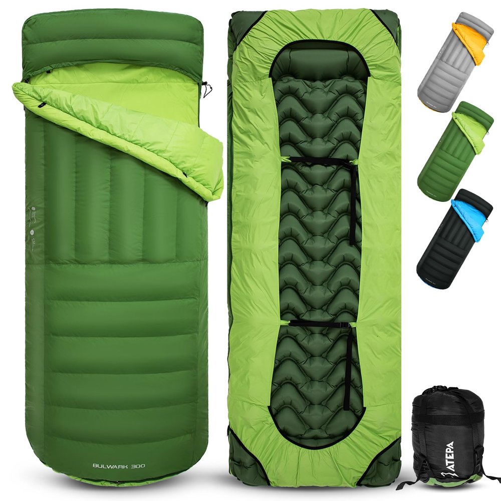 ATEPA Down Sleeping Bag for Adults, 650FP Recycled 45F 50F 3 Season Ultralight Compact Sleeping Bags with Compression Sack for Backpacking Camping Hiking, Can Be Attached to Pad, Bulwark 300 Green