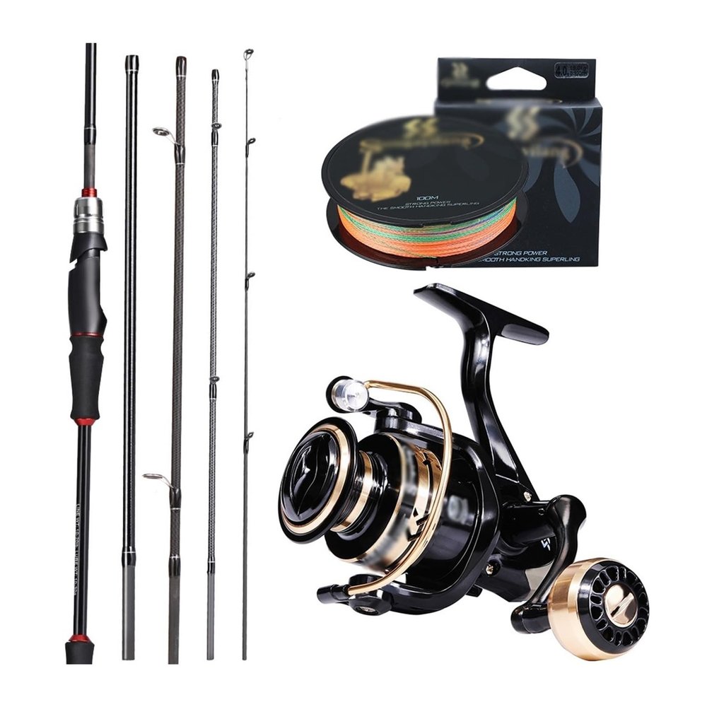 Fishing Spinning Fishing Reel and Rod Set 1.8m 2.1M Bass Fishing Rod and Spinning Fishing Reels with Fishing Line Full Kit Fishing Gear (Size : Gold Reel_1.8M-1000 Reel)