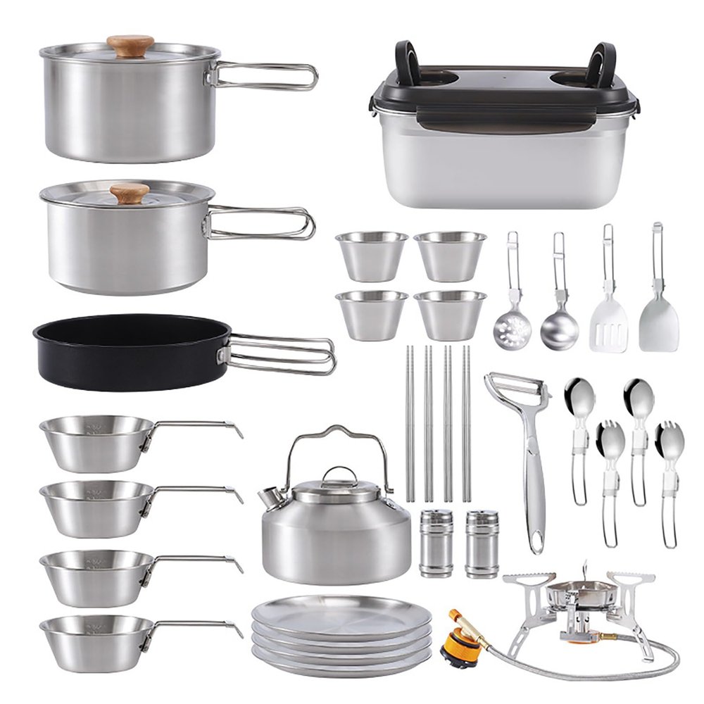 FAIRE 33Pcs Stainless Steel Camping Cookware, Outdoor Hiking Camping Pots and Pans Set, Camping Pan Set for Outdoor Picnic
