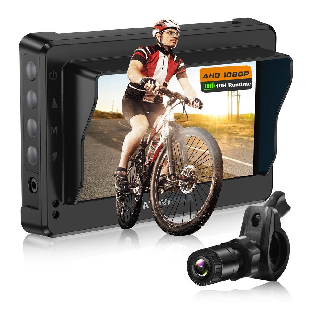 Bike Mirror Camera  10-Hour 1080P Rear View Camera with 4.3'' Waterproof Monitor & Sunshade, 3-Min Mount for Ebike, Mountain & Road Bike
