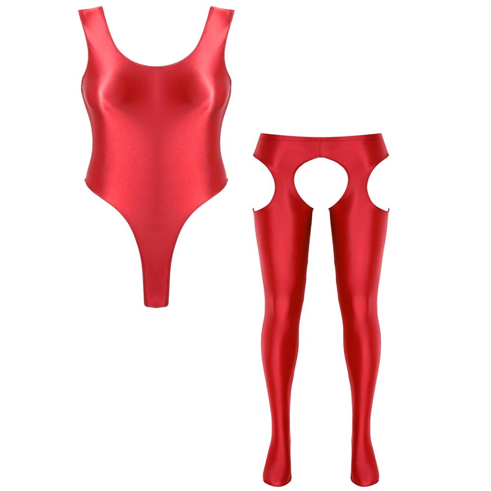 YiZYiF Workout Outfits for Women 2 Piece Glossy High Waist Cutout Pantyhose with Sports Bodysuit Set Burgundy X-Large