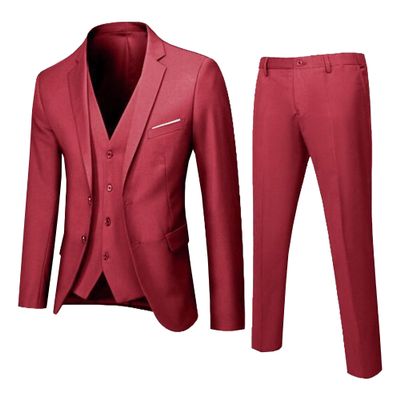 3 Piece Slim Suit Set for Men Two Button Wedding Suit Prom Suit Business Solid Suit Blazer Jacket Vest Pant (Red2,Large)