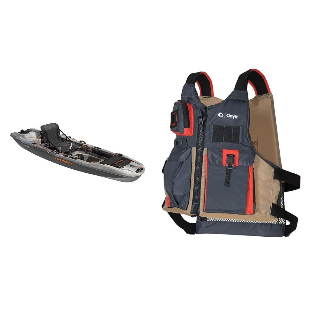 Pelican Catch Mode 110 Fishing Kayak - Premium Angler Kayak with Lawnchair seat, Granite - 10.5 Ft. & Onyx Kayak Fishing Life Jacket, Universal, Tan