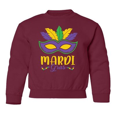 superhotapparel Mardi Gras Mask Carnival Colors Beads Street Festival Youth Crewneck Sweatshirt (Maroon, Youth X-Large)