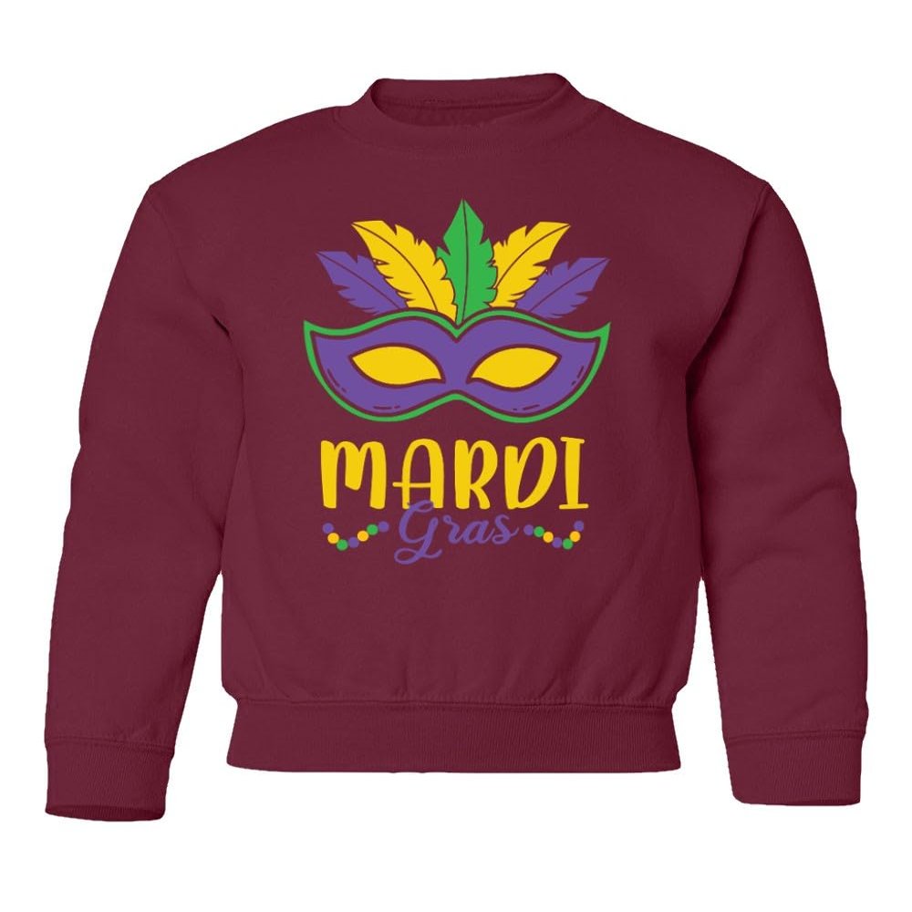 superhotapparel Mardi Gras Mask Carnival Colors Beads Street Festival Youth Crewneck Sweatshirt (Maroon, Youth X-Large)