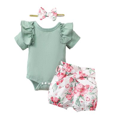 Baby Girl Clothes Newborn Girl Summer Outfits Green Floral Outfit Ruffle Sleeve Romper Bodysuit Bloomers Short Newborn Gifts Baby Clothes for Girls