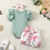 Baby Girl Clothes Newborn Girl Summer Outfits Green Floral Outfit Ruffle Sleeve Romper Bodysuit Bloomers Short Newborn Gifts Baby Clothes for Girls view 2