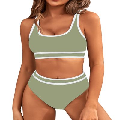 BMJL Women's High Waisted Bikini Sets Sporty Two Piece Swimsuit Color Block Cheeky High Cut Bathing Suits(M,Sage Green)