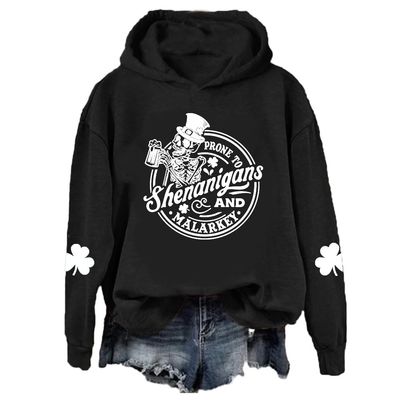 Fiogomis Shenanigans Sweatshirt Prone to Shenanigans and Malarkey Sweatshirt St Patricks Day Shirt Women Funny Skull Shirt Black