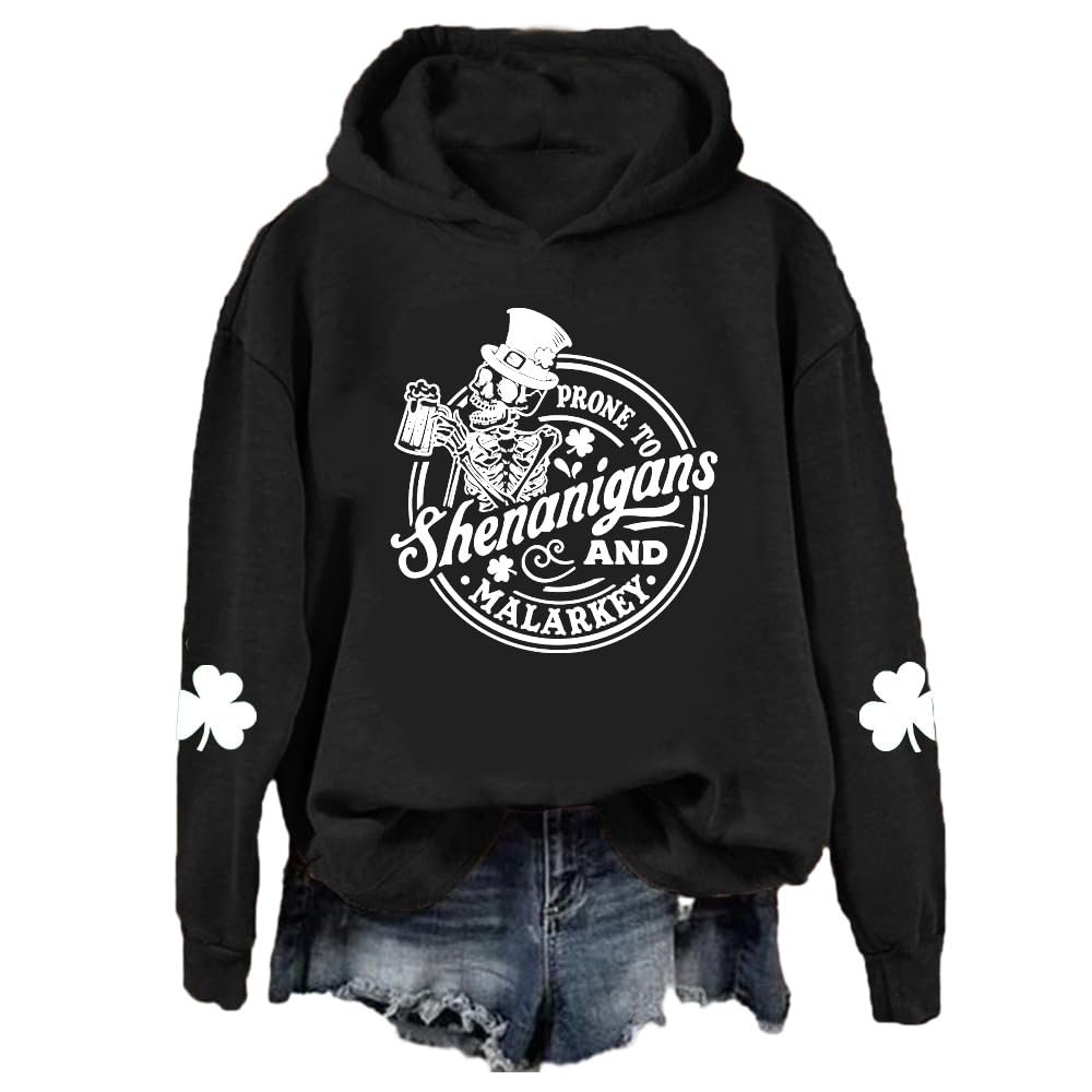 Fiogomis Shenanigans Sweatshirt Prone to Shenanigans and Malarkey Sweatshirt St Patricks Day Shirt Women Funny Skull Shirt Black