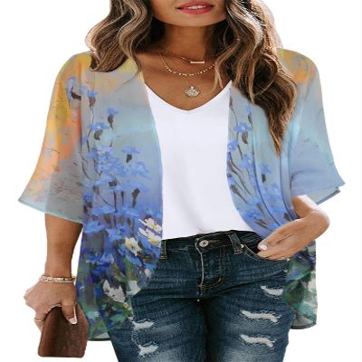Womens Casual Tops Bathing Suit Cover Up Summer Kimono Cardigan Hawaiian Shirts (Sunset and Flowers, XL)