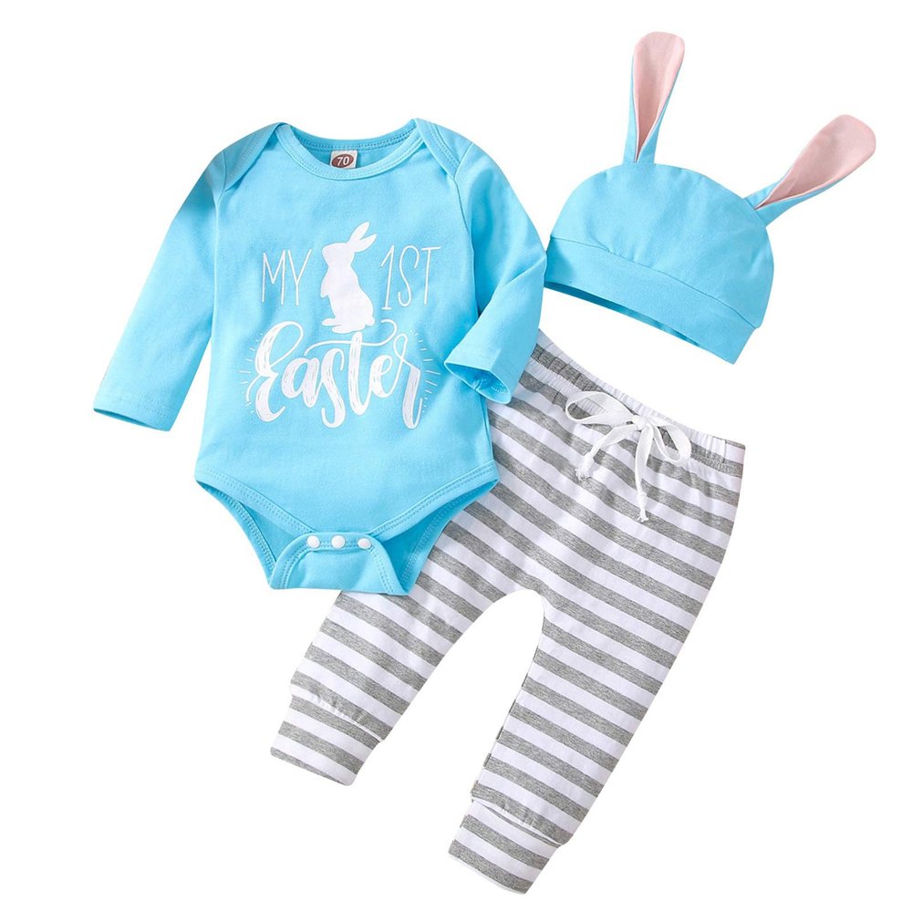 AIMAOMI Easter Outfit Baby Boys My First Easter Romper Bodysuit Stripe Bunny Long Pant with Hat Set (A, 3-6 Months)