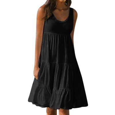 2024 Summer Sundress Women Sleeveless Tiered Ruffle Swing Dresses Solid Beach Tank Dress Holiday Midi Sun Dresses Black
