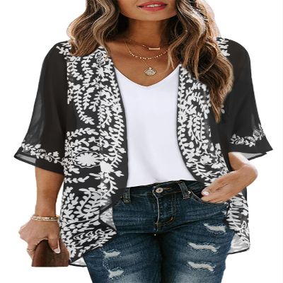 Womens Floral Kimono Cardigans Beach Cover Tops Loose Puff Sleeve Casual Blouse (C Black Flower, M)