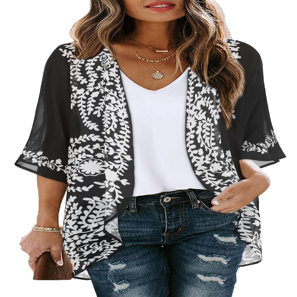 Womens Floral Kimono Cardigans Beach Cover Tops Loose Puff Sleeve Casual Blouse (C Black Flower, M)