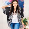 Womens Floral Kimono Cardigans Beach Cover Tops Loose Puff Sleeve Casual Blouse (C Black Flower, M) view 2