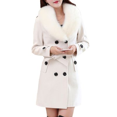 Maiyifu-GJ Women's Faux Fur Lapel Double Breasted Wool Trench Coat Winter Warm Mid-length Coat Jacket Overcoat with Belt (White,4X-Large)