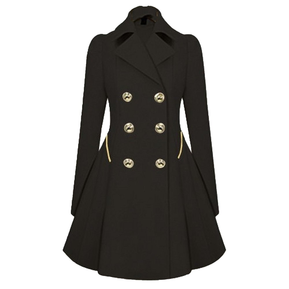 Maiyifu-GJ Womens Mid-length Trench Coat Notch Lapel Double Breasted Dress Overcoat Thicken Wool Coats Jacket with Pocket (Black,Medium)