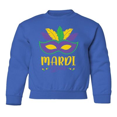 superhotapparel Mardi Gras Mask Carnival Colors Beads Street Festival Youth Crewneck Sweatshirt (Royal, Youth X-Large)