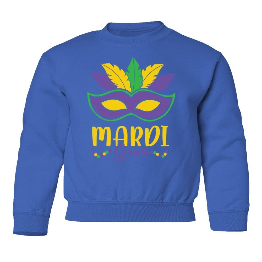 superhotapparel Mardi Gras Mask Carnival Colors Beads Street Festival Youth Crewneck Sweatshirt (Royal, Youth X-Large)
