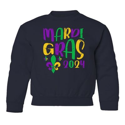 superhotapparel Mardi Gras Street Festival 2024 Carnival Groovy Youth Crewneck Sweatshirt (Navy, Youth Small)