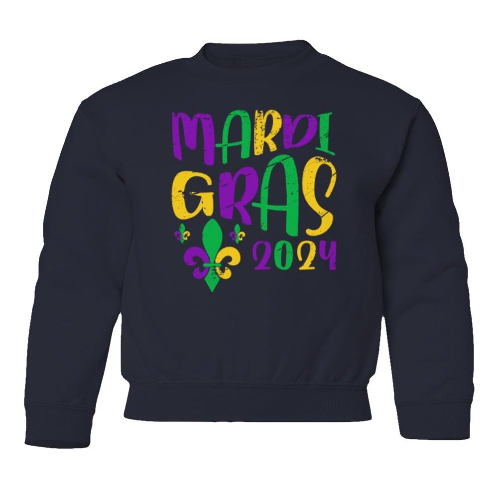 superhotapparel Mardi Gras Street Festival 2024 Carnival Groovy Youth Crewneck Sweatshirt (Navy, Youth Small)