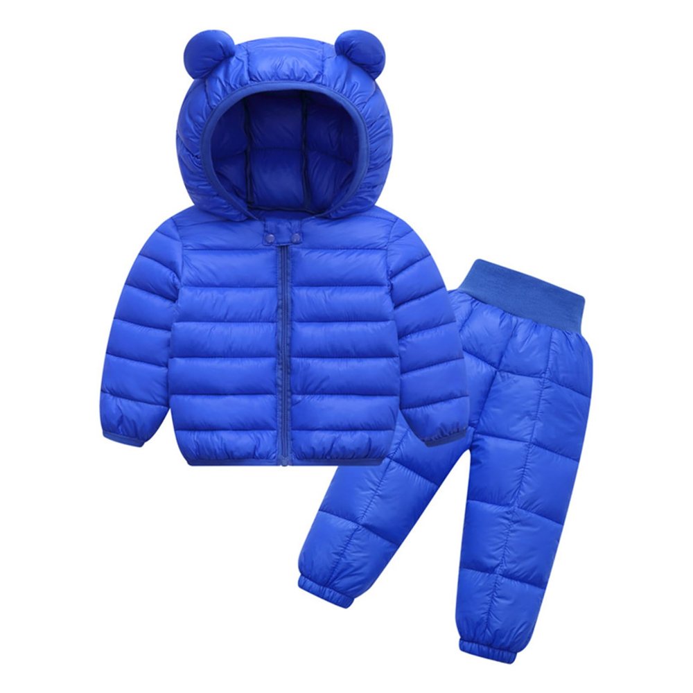 Alvivi 2Pcs Baby Snowsuit Hooded Bear Ears Coat Winter Down Jacket and Elastic Waist Puffer Ski Pants Set Royal Blue 18-24 Months