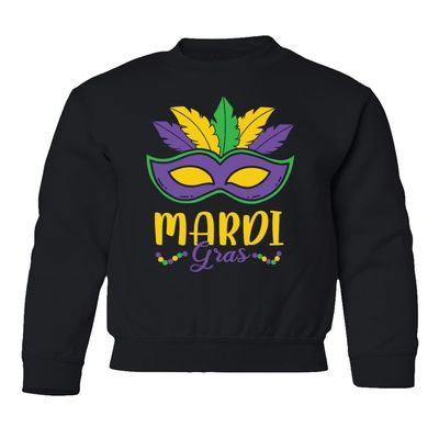 superhotapparel Mardi Gras Mask Carnival Colors Beads Street Festival Youth Crewneck Sweatshirt (Black, Youth X-Large)