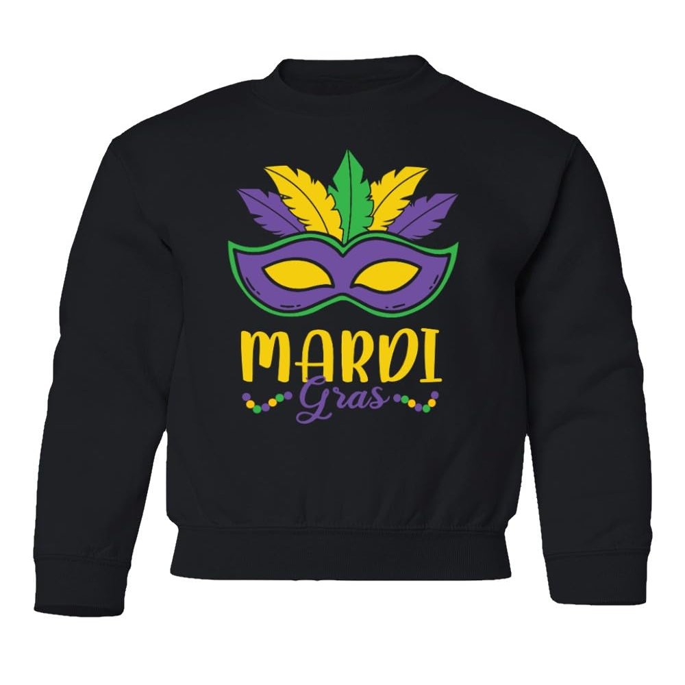 superhotapparel Mardi Gras Mask Carnival Colors Beads Street Festival Youth Crewneck Sweatshirt (Black, Youth X-Large)