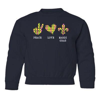 superhotapparel Peace Love Mardi Gras Carnival Colors Street Festival Youth Crewneck Sweatshirt (Navy, Youth X-Large)