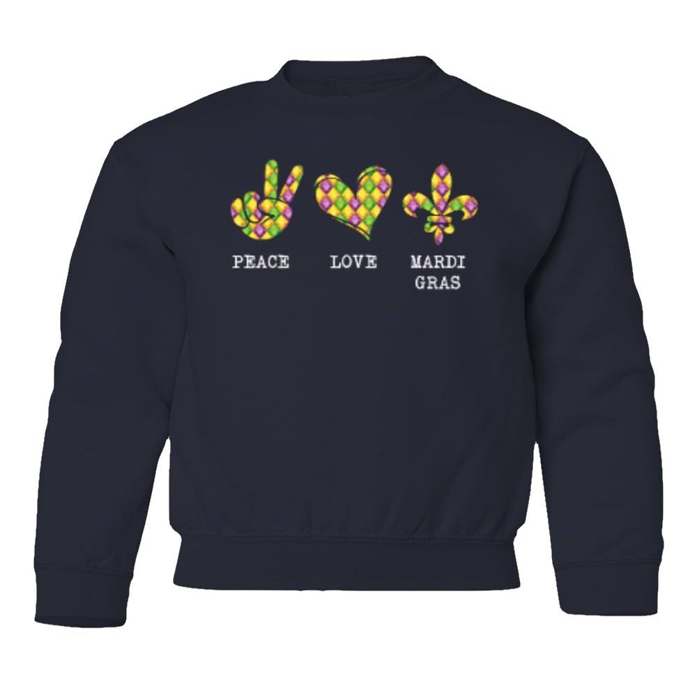 superhotapparel Peace Love Mardi Gras Carnival Colors Street Festival Youth Crewneck Sweatshirt (Navy, Youth X-Large)