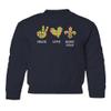 superhotapparel Peace Love Mardi Gras Carnival Colors Street Festival Youth Crewneck Sweatshirt (Navy, Youth X-Large) view 1